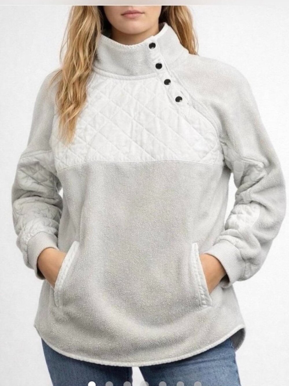 Abercrombie & Fitch Asymmetrical Snap-Up Fleece Pullover Off White/Oatmeal XXL